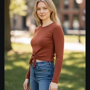 Rust Ribbed Tie-Front Top